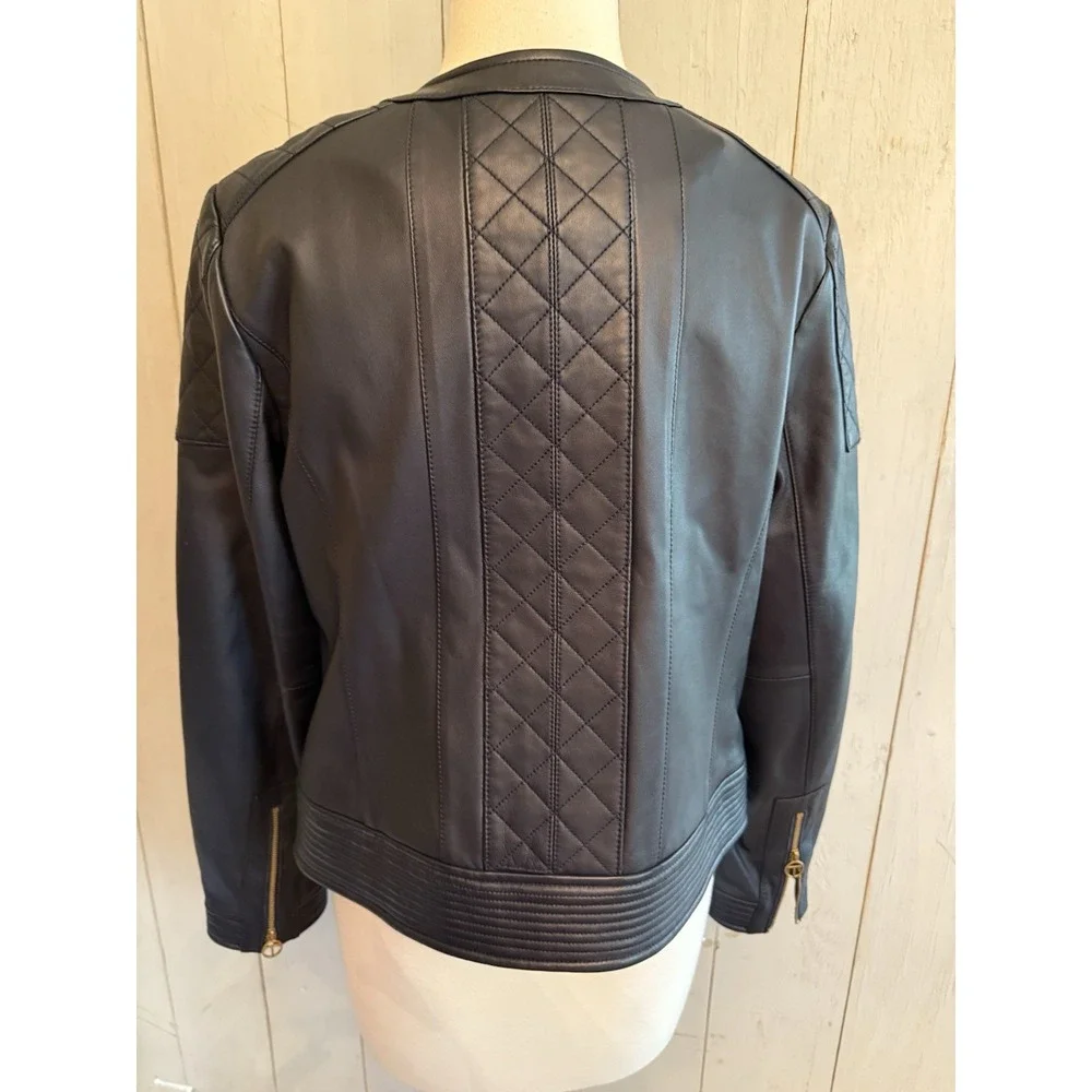 Tory‎ Burch Ryder Leather Jacket Soft Moto Gold Zip Sz-Lg Dark Navy NEW Rt 998$